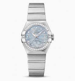 Check Omega Constellation Blue MOP Dial Diamonds Scales & Bezel Women's Chronometer 27 MM 123.15.27.20.57.001